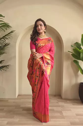 Pink paithani design saree with contrast weaving pallu and blouse