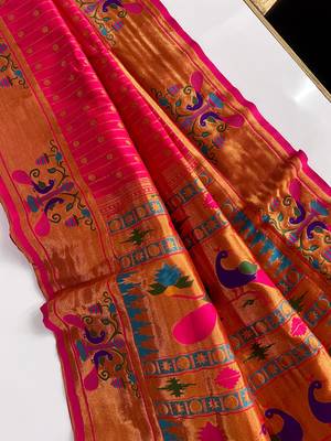 Pink paithani design saree with contrast weaving pallu and blouse 6