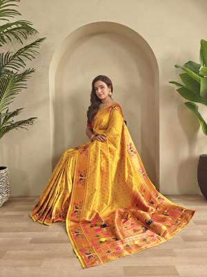 Yellow paithani design saree with contrast weaving pallu and blouse 1