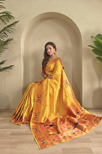 Yellow paithani design saree with contrast weaving pallu and blouse