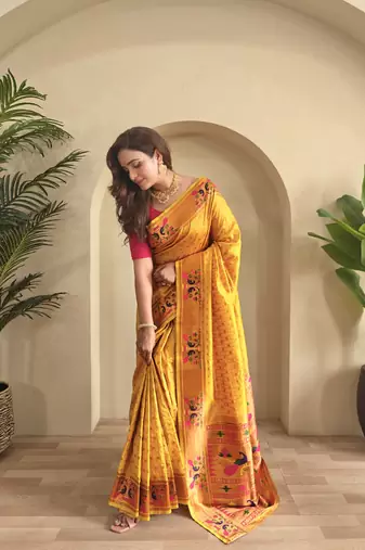 Yellow paithani design saree with contrast weaving pallu and blouse