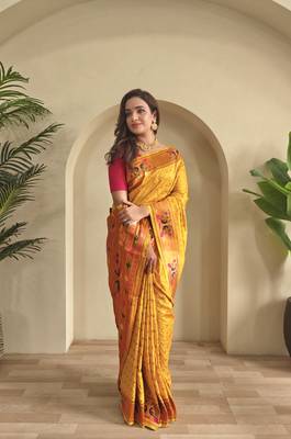 Yellow paithani design saree with contrast weaving pallu and blouse 4