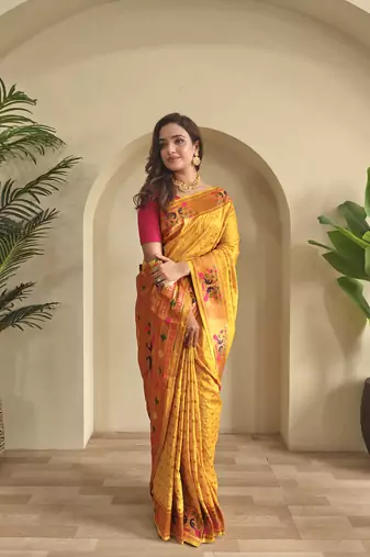 Yellow paithani design saree with contrast weaving pallu and blouse