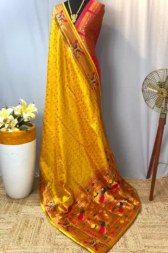 Yellow paithani design saree with contrast weaving pallu and blouse
