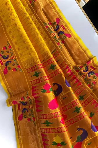 Yellow paithani design saree with contrast weaving pallu and blouse