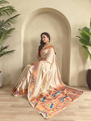 White paithani design saree with contrast weaving pallu and blouse 1