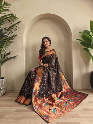 Black paithani design saree with contrast weaving pallu and blouse 1