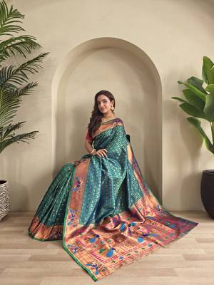 Rama paithani design saree with contrast weaving pallu and blouse 1
