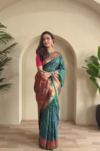 Rama paithani design saree with contrast weaving pallu and blouse