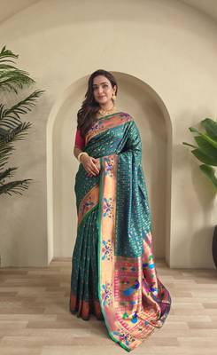 Rama paithani design saree with contrast weaving pallu and blouse 4