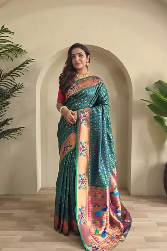 Rama paithani design saree with contrast weaving pallu and blouse