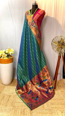 Rama paithani design saree with contrast weaving pallu and blouse 5