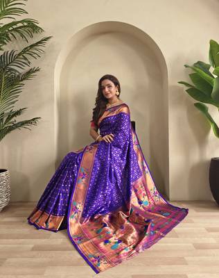 Violet paithani design saree with contrast weaving pallu and blouse 1