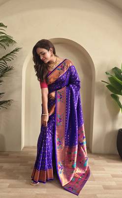Violet paithani design saree with contrast weaving pallu and blouse 3