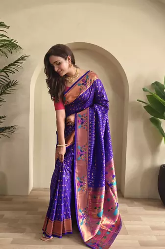 Violet paithani design saree with contrast weaving pallu and blouse