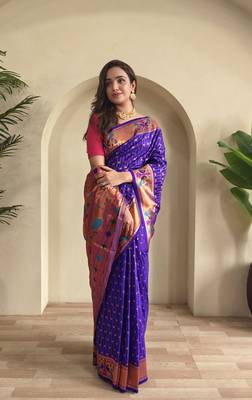 Violet paithani design saree with contrast weaving pallu and blouse 4