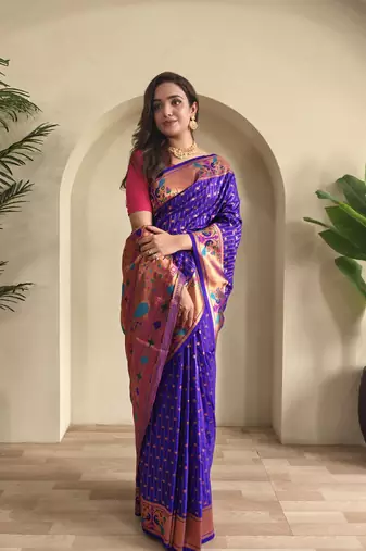 Violet paithani design saree with contrast weaving pallu and blouse