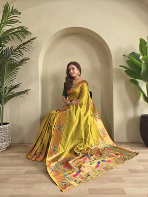 Lemon yellow paithani design saree with contrast weaving pallu and blouse 1
