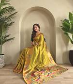 Lemon yellow paithani design saree with contrast weaving pallu and blouse