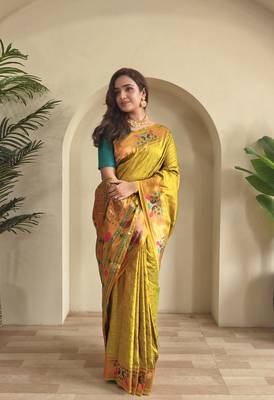 Lemon yellow paithani design saree with contrast weaving pallu and blouse 3