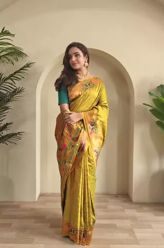 Lemon yellow paithani design saree with contrast weaving pallu and blouse
