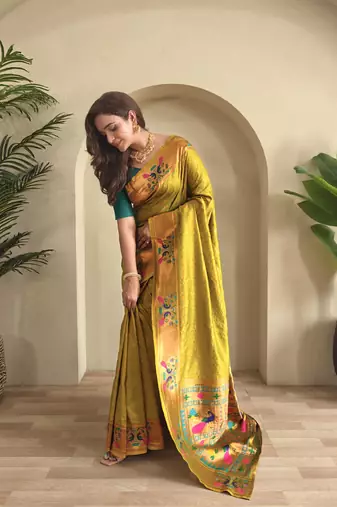 Lemon yellow paithani design saree with contrast weaving pallu and blouse