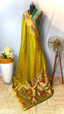 Lemon yellow paithani design saree with contrast weaving pallu and blouse 5