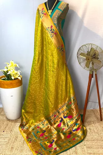 Lemon yellow paithani design saree with contrast weaving pallu and blouse