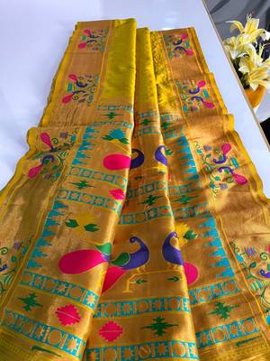 Lemon yellow paithani design saree with contrast weaving pallu and blouse 6