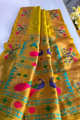 Lemon yellow paithani design saree with contrast weaving pallu and blouse