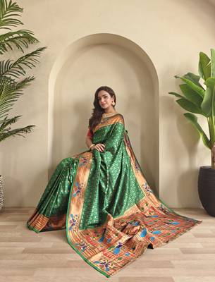 Green paithani design saree with contrast weaving pallu and blouse 1