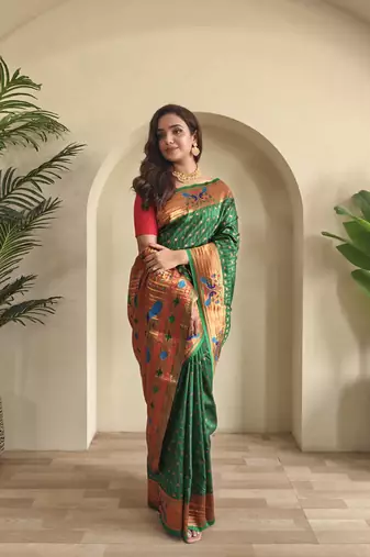 Green paithani design saree with contrast weaving pallu and blouse