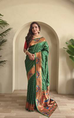 Green paithani design saree with contrast weaving pallu and blouse 4