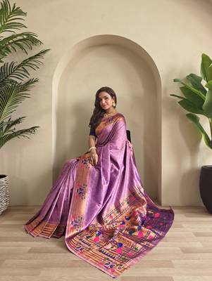 Lavender paithani design saree with contrast weaving pallu and blouse 1