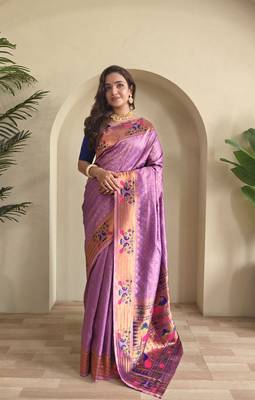 Lavender paithani design saree with contrast weaving pallu and blouse 3
