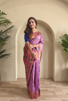 Lavender paithani design saree with contrast weaving pallu and blouse 4