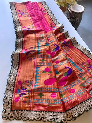 Pink paithani design saree with contrast weaving pallu and blouse 1