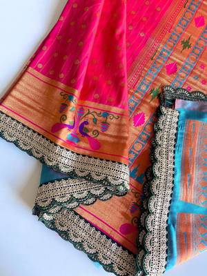 Pink paithani design saree with contrast weaving pallu and blouse 3