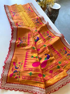 Yellow paithani design saree with contrast weaving pallu and blouse 1