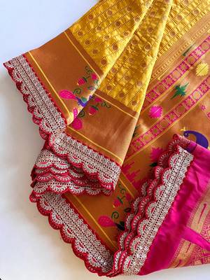 Yellow paithani design saree with contrast weaving pallu and blouse 3