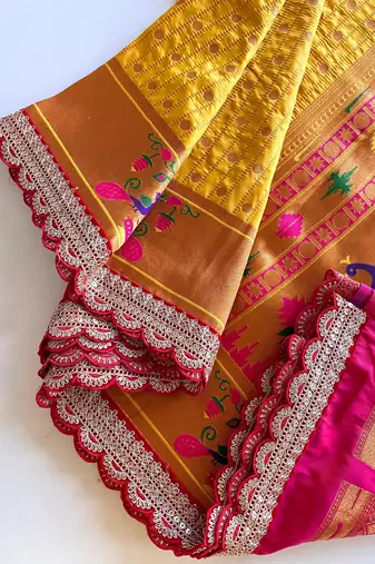 Yellow paithani design saree with contrast weaving pallu and blouse