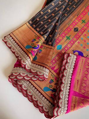 Black paithani design saree with contrast weaving pallu and blouse 3