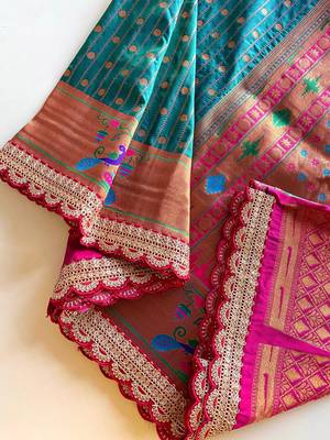 Rama paithani design saree with contrast weaving pallu and blouse 3