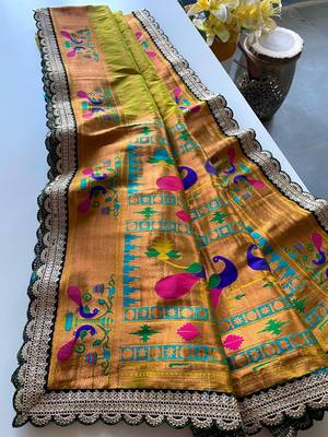 Lemon yellow paithani design saree with contrast weaving pallu and blouse 1