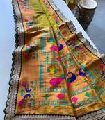 Lemon yellow paithani design saree with contrast weaving pallu and blouse