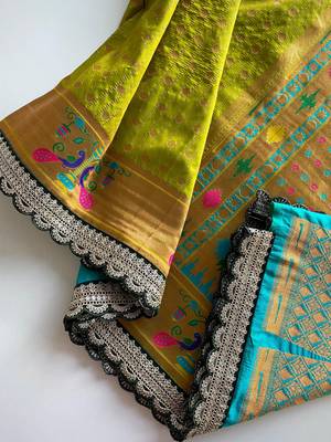 Lemon yellow paithani design saree with contrast weaving pallu and blouse 3