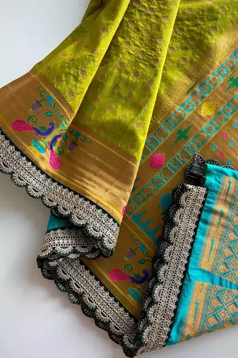 Lemon yellow paithani design saree with contrast weaving pallu and blouse