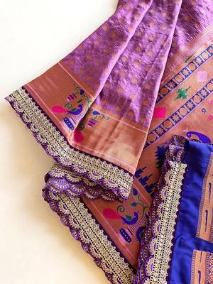 Lavender paithani design saree with contrast weaving pallu and blouse 3
