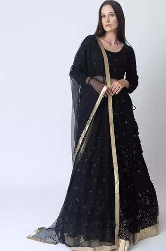 BLACK EMBROIDERED GEORGETTE LEHENGA CHOLI WITH DUPATTA