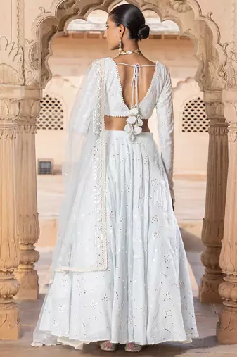 ICEBLUE SEQUIN EMBROIDERED SILK A LINE LEHENGA CHOLI WITH DUPATTA